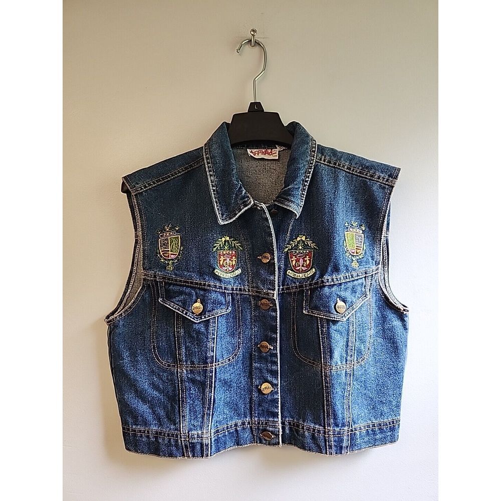 Vintage '90s Appeal Sleeveless‎ Embroidered Patch Cotton Crop Denim Jean Vest M